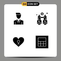 Mobile Interface Solid Glyph Set of 4 Pictograms of account heart person explore romance Editable Vector Design Elements
