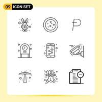 Mobile Interface Outline Set of 9 Pictograms of smartphone device crypto app disco Editable Vector Design Elements