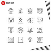 Mobile Interface Outline Set of 16 Pictograms of rate chat earth bubble web Editable Vector Design Elements