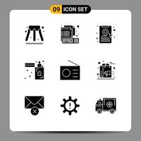 Modern Set of 9 Solid Glyphs and symbols such as radio devices book cab zippo flame Editable Vector Design Elements