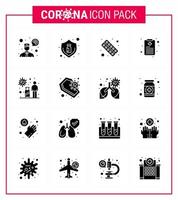 Coronavirus Prevention Set Icons 16 Solid Glyph Black icon such as infection patient chart drugs health chart medicine viral coronavirus 2019nov disease Vector Design Elements