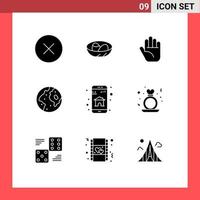 Group of 9 Modern Solid Glyphs Set for home world nest planet globe Editable Vector Design Elements