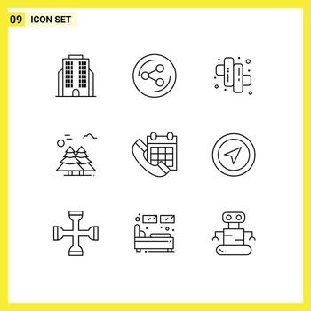 Pack of 9 Modern Outlines Signs and Symbols for Web Print Media such as date calendar marshmallow colander pine trees Editable Vector Design Elements