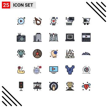 Mobile Interface Filled line Flat Color Set of 25 Pictograms of cart chating heart conversation watch Editable Vector Design Elements