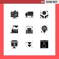 9 Thematic Vector Solid Glyphs and Editable Symbols of building pollution transport energy insurance Editable Vector Design Elements