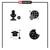 4 Universal Solid Glyphs Set for Web and Mobile Applications microphone cap voice global graduation Editable Vector Design Elements