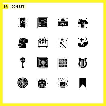 16 glifos sólidos universales establecidos para aplicaciones web y móviles documento educativo servidor abierto nube elementos de diseño vectorial editables vector