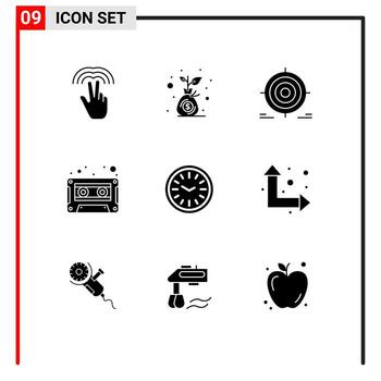 Pictogram Set of 9 Simple Solid Glyphs of clock cassette target audio cassette objective Editable Vector Design Elements