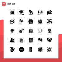 Pack of 25 creative Solid Glyphs of geometrical health globe weight dumbbell Editable Vector Design Elements