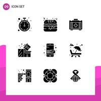 Pack of 9 Modern Solid Glyphs Signs and Symbols for Web Print Media such as phone email bag eid package Editable Vector Design Elements