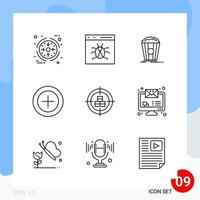 Modern Pack of 9 Icons Line Outline Symbols isolated on White Backgound for Website designing Creative Black Icon vector background