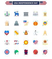 USA Independence Day Flat Set of 25 USA Pictograms of landmark gate symbol bridge parade Editable USA Day Vector Design Elements