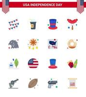 Modern Set of 16 Flats and symbols on USA Independence Day such as adornment bird cap animal frankfurter Editable USA Day Vector Design Elements
