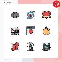 9 User Interface Filledline Flat Color Pack of modern Signs and Symbols of fruit favorite heart app gadget Editable Vector Design Elements