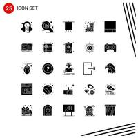 Group of 25 Modern Solid Glyphs Set for open author stand layout train Editable Vector Design Elements