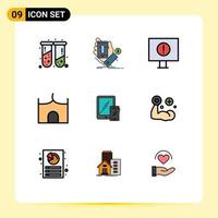 9 Thematic Vector Filledline Flat Colors and Editable Symbols of smartphone fortress currency castle tower castle Editable Vector Design Elements