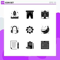 Universal Icon Symbols Group of 9 Modern Solid Glyphs of headphone headphones traveling communications lcd Editable Vector Design Elements