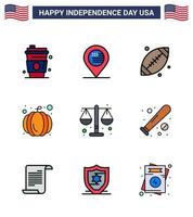 Big Pack of 9 USA Happy Independence Day USA Vector Flat Filled Lines and Editable Symbols of law court ball usa festival american Editable USA Day Vector Design Elements