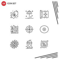 9 Thematic Vector Outlines and Editable Symbols of shooting board team skills disease growth businessman Editable Vector Design Elements