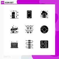 Pack of 9 Modern Solid Glyphs Signs and Symbols for Web Print Media such as garland ramadan cloud islam cannon Editable Vector Design Elements