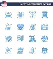 Happy Independence Day Pack of 16 Blues Signs and Symbols for cola drink frankfurter glass american Editable USA Day Vector Design Elements