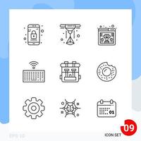 Modern Pack of 9 Icons Line Outline Symbols isolated on White Backgound for Website designing Creative Black Icon vector background