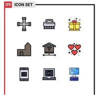 Pack of 9 creative Filledline Flat Colors of internet medieval gift box fortress castle building Editable Vector Design Elements