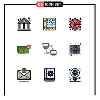 paquete de 9 modernos signos y símbolos de colores planos de línea rellena para medios de impresión web, como billetes de dólares de Navidad de flujo local, elementos de diseño de vectores editables