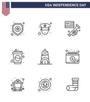 Pack of 9 USA Independence Day Celebration Lines Signs and 4th July Symbols such as usa chrysler speaker soda cola Editable USA Day Vector Design Elements