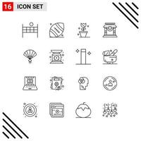 Mobile Interface Outline Set of 16 Pictograms of china fan floral chinese bridge Editable Vector Design Elements