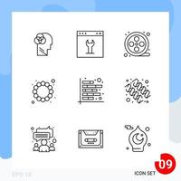 Modern Pack of 9 Icons Line Outline Symbols isolated on White Backgound for Website designing Creative Black Icon vector background