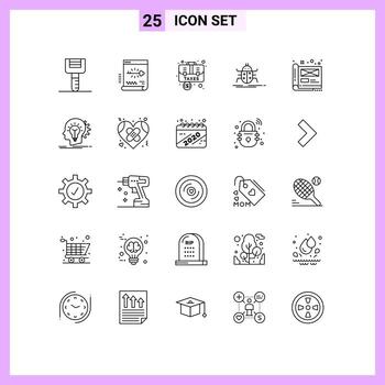 Group of 25 Lines Signs and Symbols for testing bugs password bug briefcase Editable Vector Design Elements