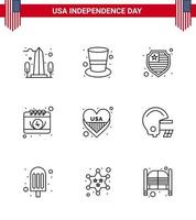 Big Pack of 9 USA Happy Independence Day USA Vector Lines and Editable Symbols of heart day magic hat date american Editable USA Day Vector Design Elements