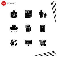 Group of 9 Solid Glyphs Signs and Symbols for cashless weather seo rain parental control Editable Vector Design Elements