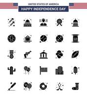 Pack of 25 creative USA Independence Day related Solid Glyph of statehouse indiana man police investigating Editable USA Day Vector Design Elements