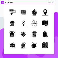 Set of 16 Vector Solid Glyphs on Grid for athlete food navigation cup pin Editable Vector Design Elements