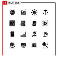 Group of 16 Solid Glyphs Signs and Symbols for stop power tools business hand drill teamwork Editable Vector Design Elements