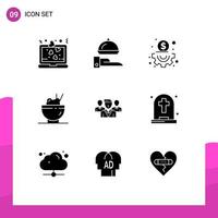 Group of 9 Modern Solid Glyphs Set for gang security business staff food Editable Vector Design Elements