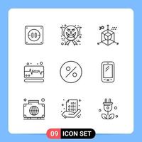 Paquete de iconos negros de 9 líneas símbolos de contorno para aplicaciones móviles aisladas en fondo blanco 9 iconos establecidos fondo de vector de icono negro creativo