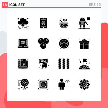 conjunto de pictogramas de 16 glifos sólidos simples de codificación de desarrollo sin bandera móvil astronauta elementos de diseño vectorial editables vector