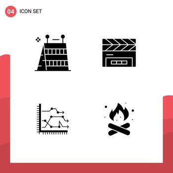 Editable Vector Line Pack of 4 Simple Solid Glyphs of barrier business tools clapperboard diagram Editable Vector Design Elements