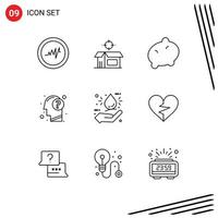 User Interface Pack of 9 Basic Outlines of hand drop vegetable bio human Editable Vector Design Elements