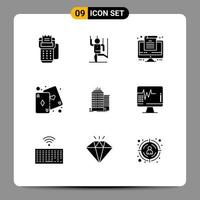 Mobile Interface Solid Glyph Set of 9 Pictograms of building game manipulate fun office Editable Vector Design Elements