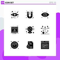 9 User Interface Solid Glyph Pack of modern Signs and Symbols of location pin view warning alert Editable Vector Design Elements