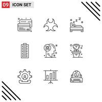 Mobile Interface Outline Set of 9 Pictograms of user energy bed electricity battery Editable Vector Design Elements