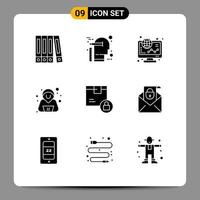 9 User Interface Solid Glyph Pack of modern Signs and Symbols of delivery security ecommerce hacker shopping Editable Vector Design Elements
