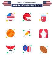 Flat Pack of 9 USA Independence Day Symbols of fire work football united ball wine Editable USA Day Vector Design Elements