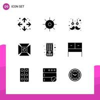 Group of 9 Modern Solid Glyphs Set for tv control hair shooting highlight Editable Vector Design Elements