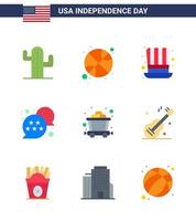 Set of 9 Modern Flats pack on USA Independence Day mine chat bubble day star flag Editable USA Day Vector Design Elements