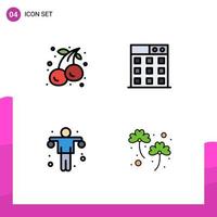Group of 4 Filledline Flat Colors Signs and Symbols for cherries gym fruit technology clover Editable Vector Design Elements